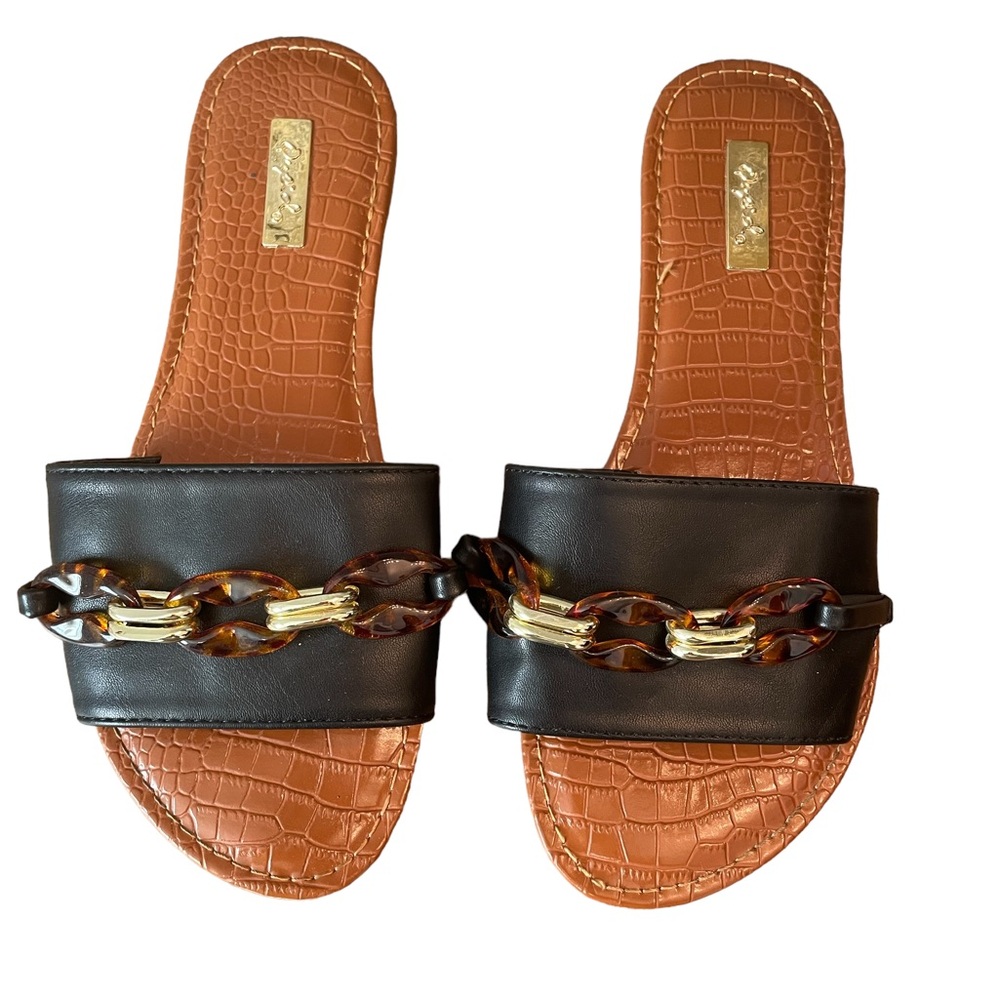 Elegant Black Slide Sandals‎ with Chain Detail